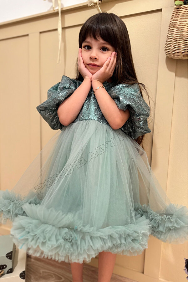 penu baby kids Yeşil Payetli Balon Kol Grenli Tül Etekli Kız Çocuk Kız Bebek Abiye Elbise - Terra