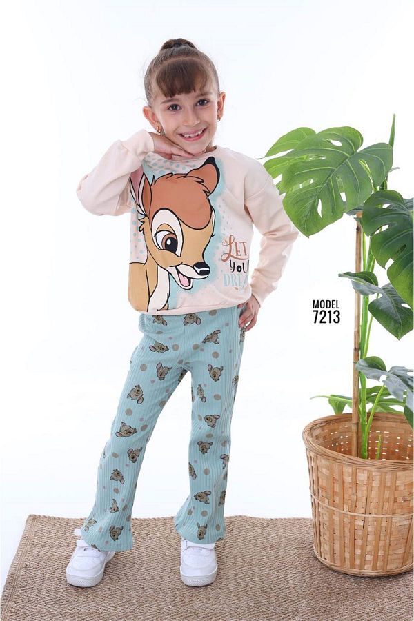 yagmurgiyim-Pjk2İ Bmb Patterned Green Ribbed Leggings 2 Rope 100% Cotton Girls' Set 3-10 Years 7213-Y 1