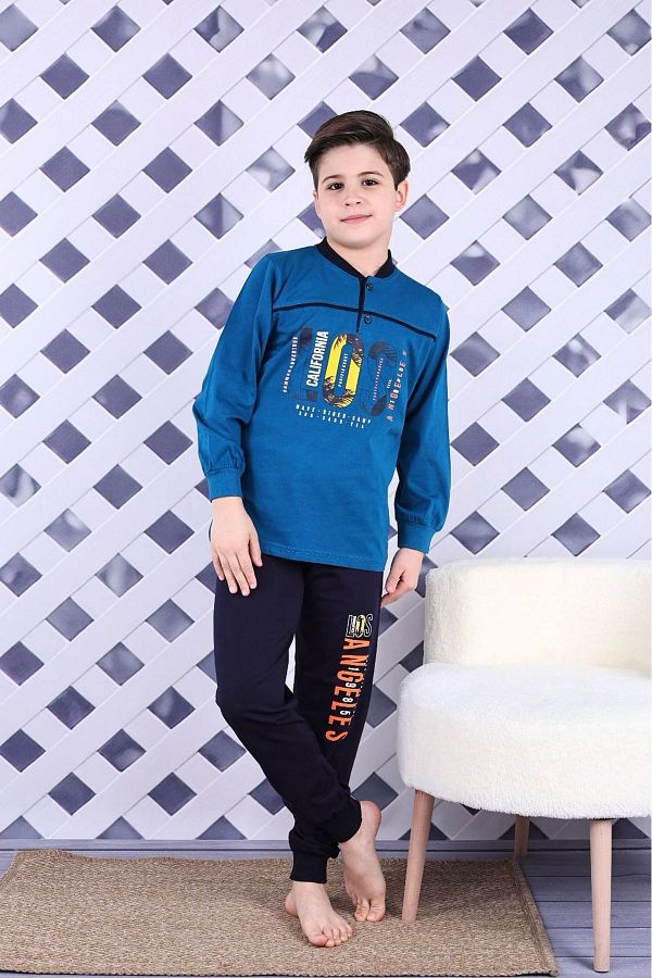 Yağmur Giyim-Men's and Children's Pajamas Set - California Printed Long Sleeve - Ages 11-15 (7023-P) 1