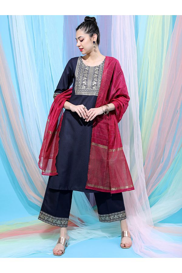 Vishudh By Styli-Navy Blue Embroidered Kurta Set with Palazzos and Dupatta 1