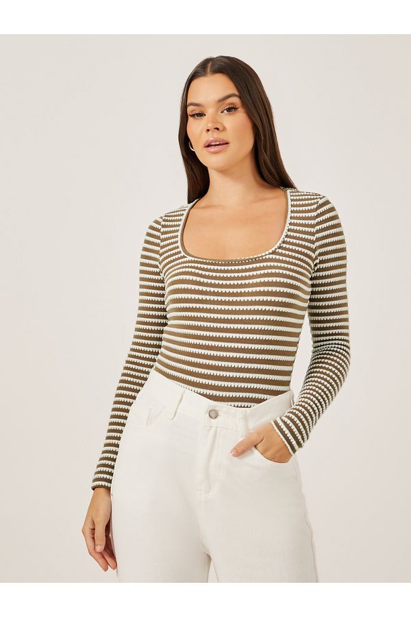 Styli-Textured Square Neck Fitted Long Sleeve T-Shirt 1