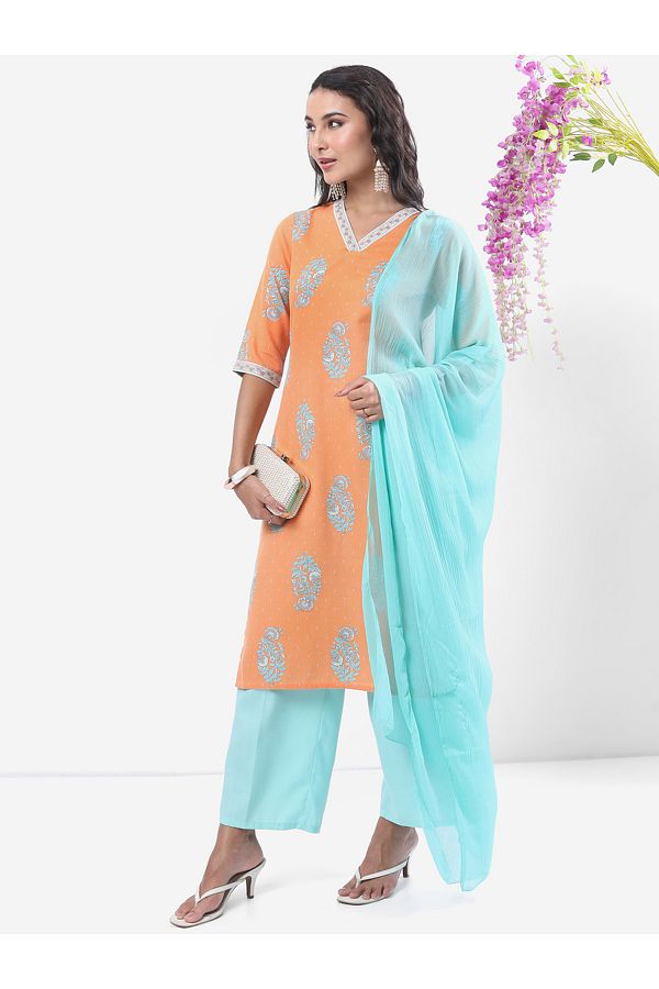 Vishudh By Styli-Peach Printed Kurta Set with Palazzos and Dupatta 1