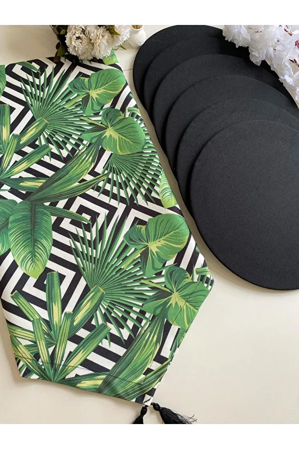 Runner Supla Home-Tropical Leaf Pattern Tasseled Runner & Black Plate Set 40X140 cm and 6 Pieces 1