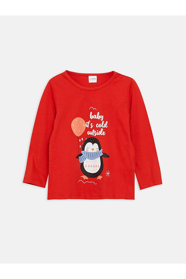 LC Waikiki-Lcw Kids Red Crew Neck Printed Long Sleeve Girls Pajamas Top 1