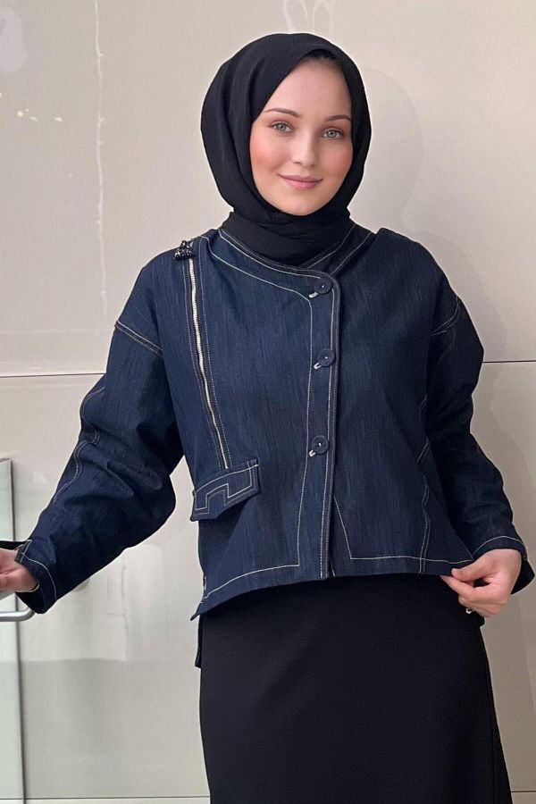 Ceremony-Double Breasted Denim Jacket with Zipper Detail 1