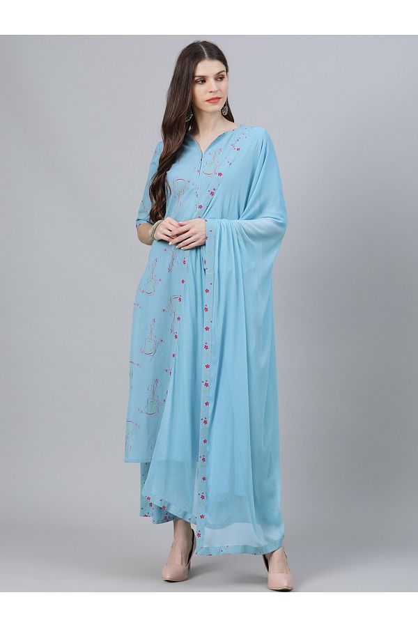 Libas By Styli-طقم كورتا مطبوع مع بالازو ودوباتا شيفون سادة 1