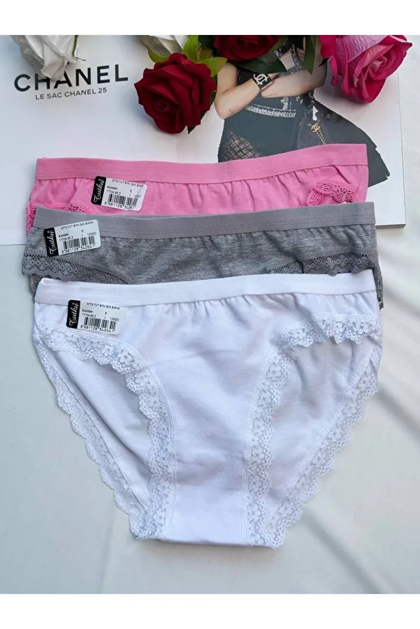 Tutku-Set of 3 Lace Detailed Panties - Gray / White / Pink 1