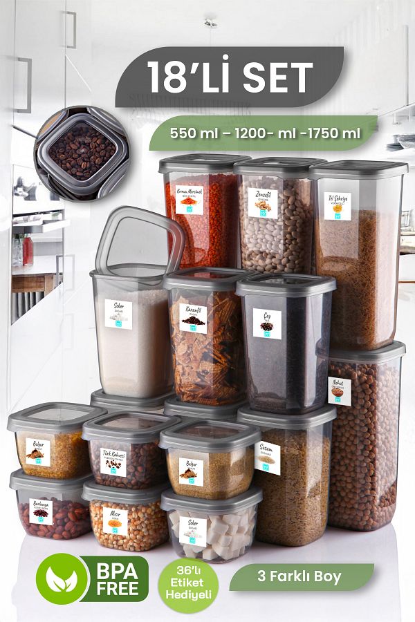 MYBOX-Set of 18 Square Food and Seasoning Storage Containers with Labels - 550-1200-1750 ml 1