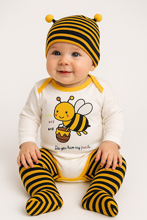 Trend Bebe Butik Arı Temalı 3'lü Bebek Takımı  Unisex Yenidoğan Kıyafetleri  Pamuklu Bebek Zıbın Seti