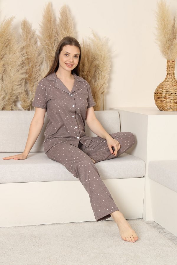 Defkay-Shirt Collar Short Sleeve Cotton Women's Pajamas Set 1