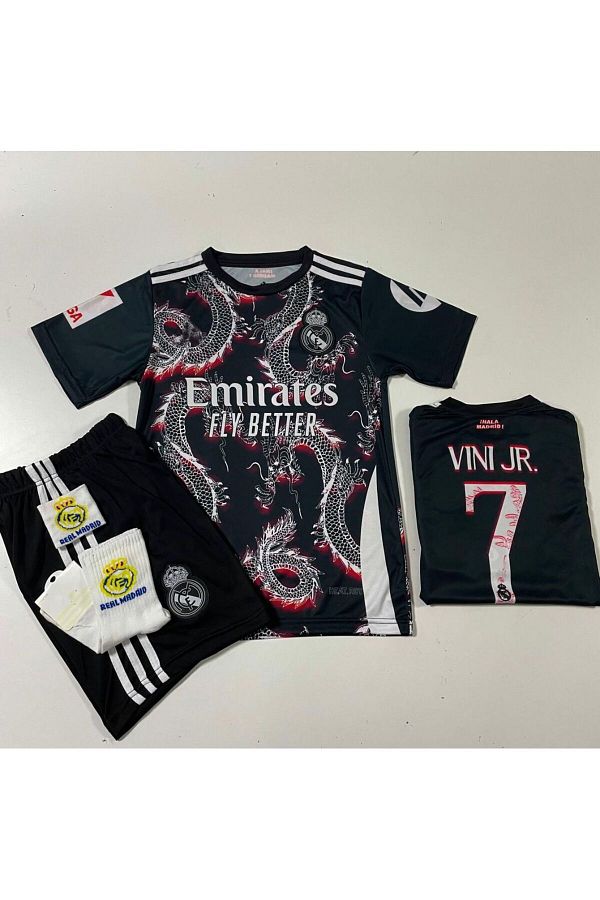 MONTENERO-R.e.a.l M.a.d.r.i.d Sezon 2024/25 Dragon Pattern Vini Jr. Set de 4 tricouri pentru copii (Arma-negru-roșu) 1