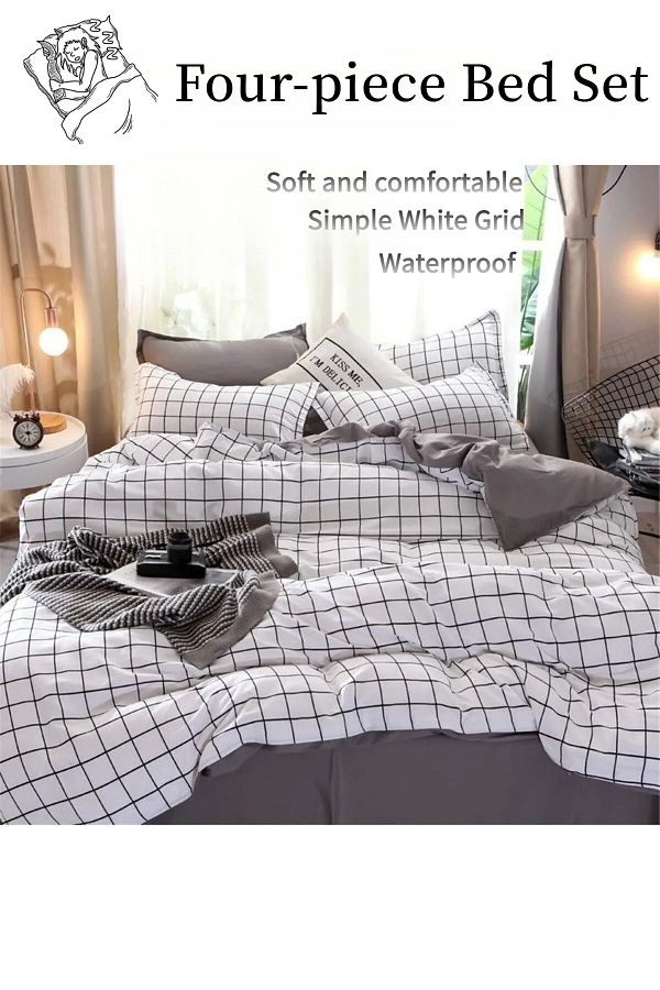 fulina-4 Pcs Simple White Grid Cover Sheet Set,soft Bedding Set For Home,with 2 Matching Pillow Case 1