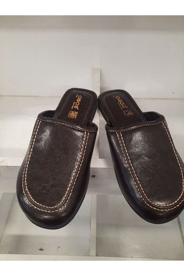 ASOS-Men's Brown Faux Leather House Slippers 1