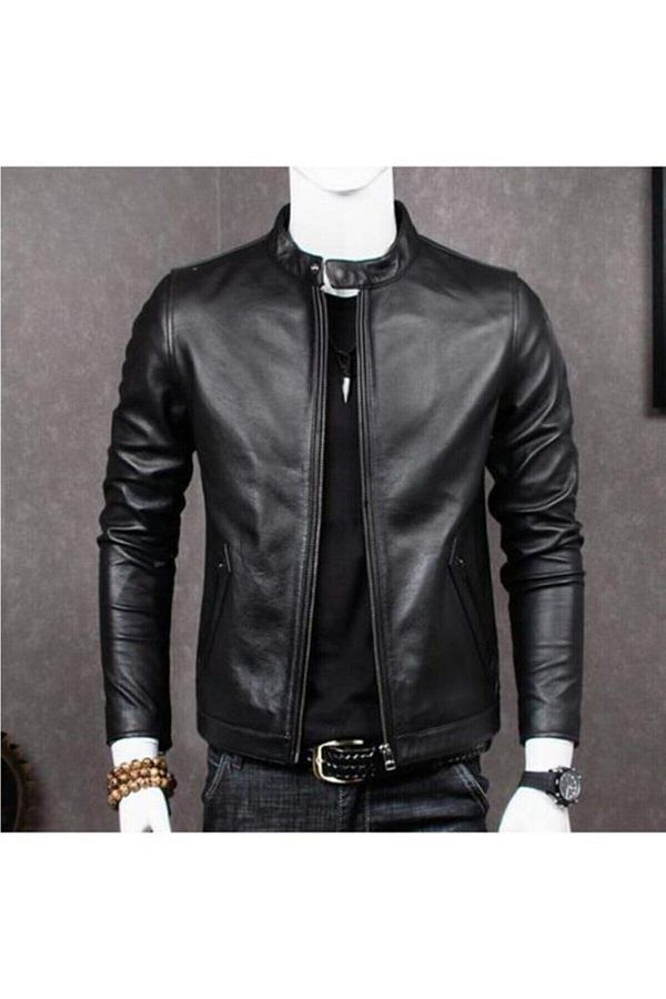 DeriWork-Genuine Lambskin Black English Collar Sports Men's Leather Jacket 1