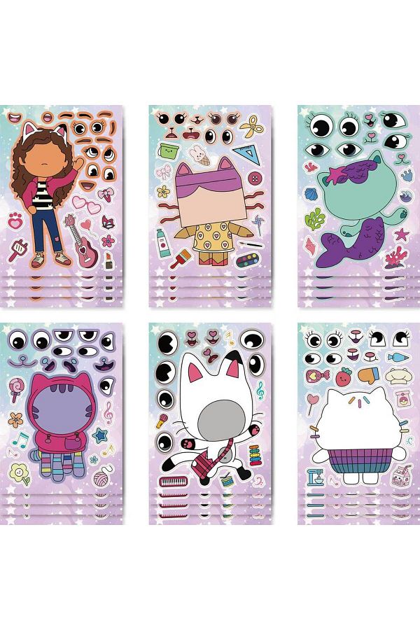 Miniso-6Sheets 6/12Sheets Gabby's Dollhouse Make A Face Puzzle Stickers Kids Make Your Own DIY Game Childre 1