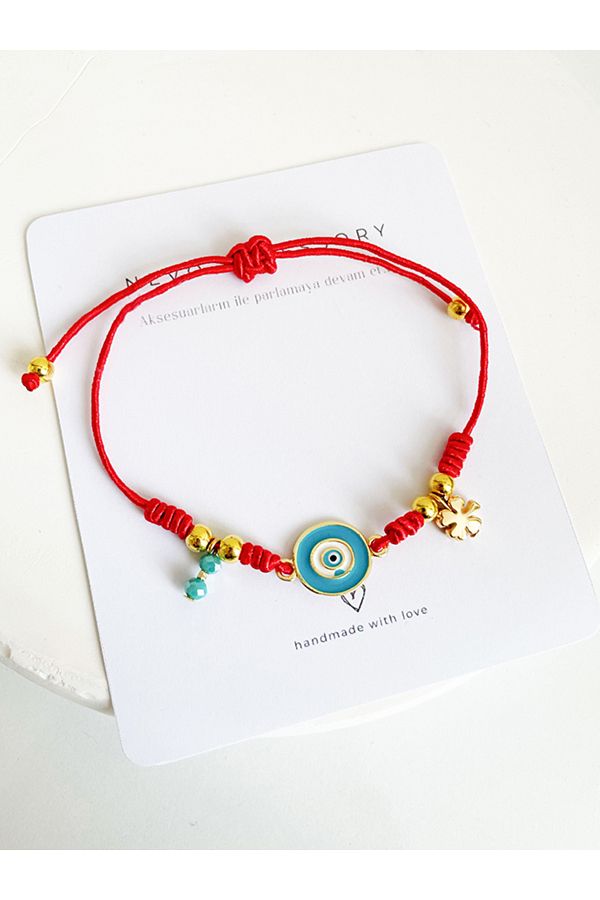 NevoAccessory-Red Rope Adjustable Bracelet with Blue Evil Eye Beads 1