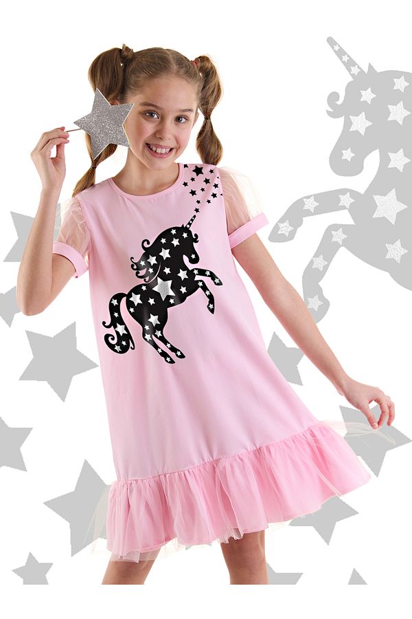 MSHB&G-Sternenhimmel-Einhorn-Mädchen-Sommerkleid aus rosa Tüll mit Rüschen 1