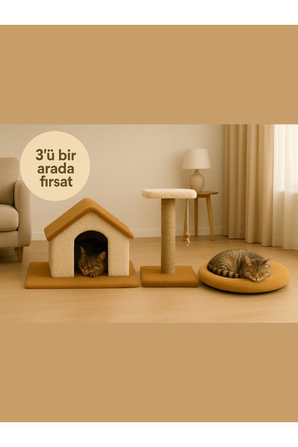 Komano Pontika-Plush Textured, 3-in-1 Set Cat House-Cat Bed and Scratching Post Soft Loved Colors 1