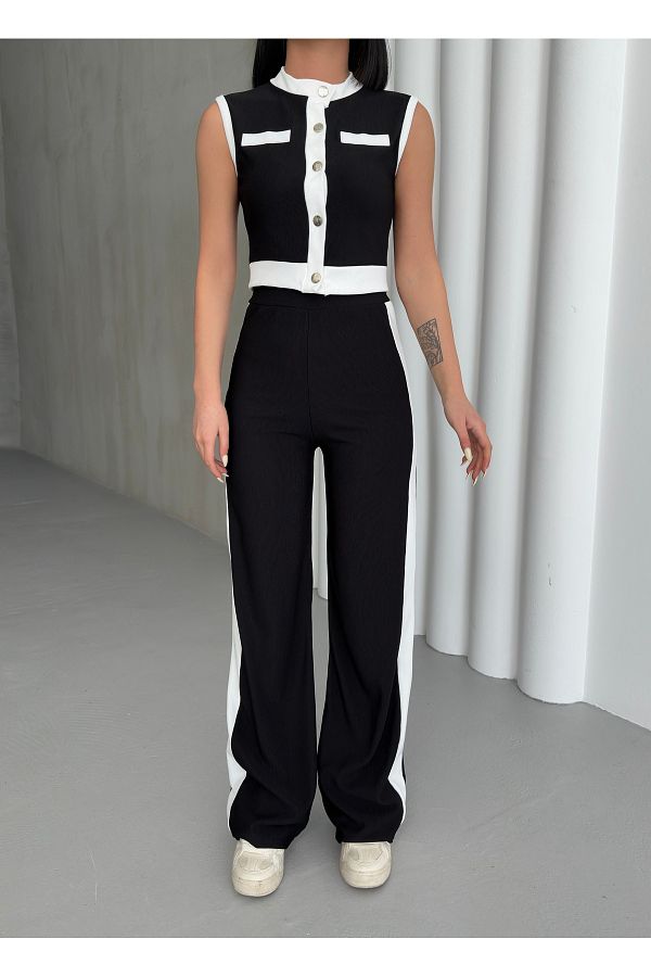 Lusin-Women's Black Stylish Stripe Detailed Zero Sleeve Crop Pants Bottom Top Double Set 1