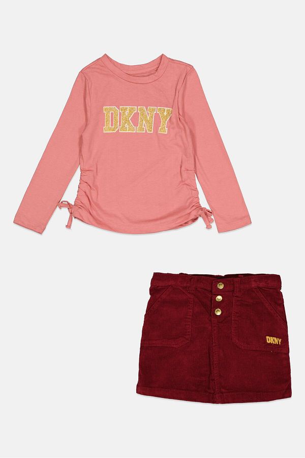 Dkny-طقم مكون من قطعتين من بلوزة وتنورة بشعار العلامة التجارية للبنات الصغار، باللون الوردي 1