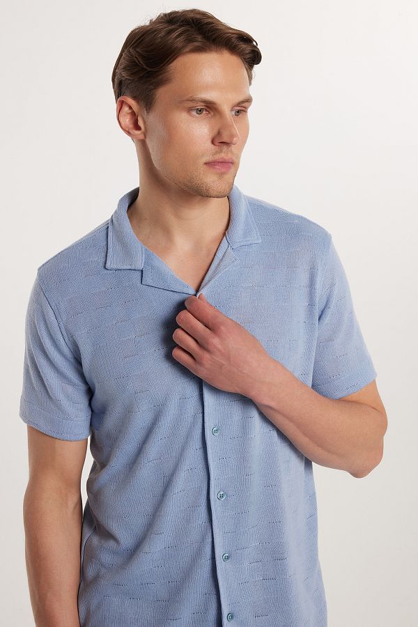 Tudors-Slim Fit Short Sleeve Knitted Fabric Apache Collar Casual Dobby Texture Blue Men's Shirt 1