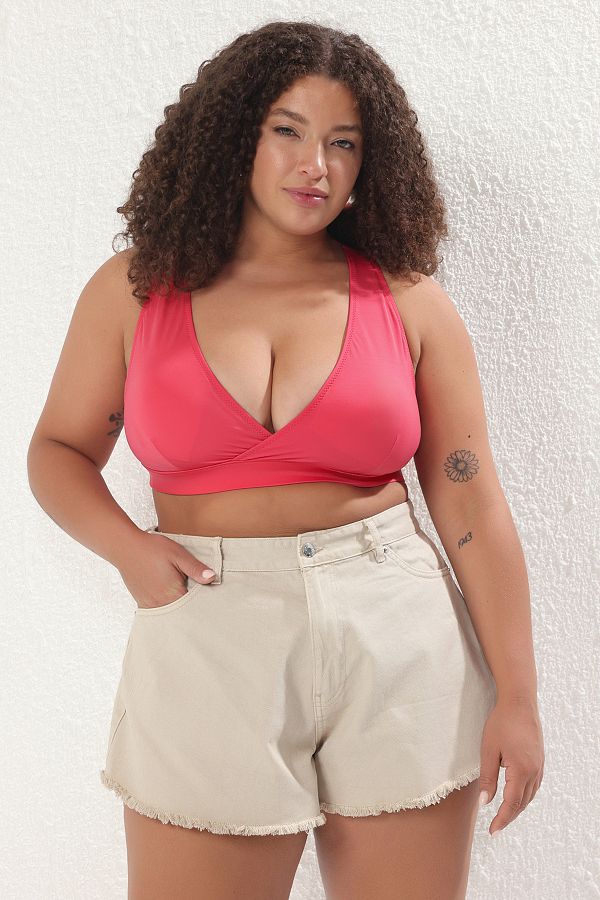 Trendyol Curve-Fuchsia Double Breasted Neckline Plus Size Bikini Top Tbbss25Ct00011 1