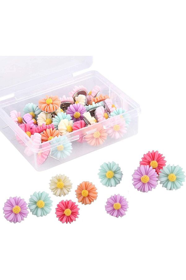 fulina-30 Pcs Flower Pins, Colourful Flower Thumbtacks for Photo Wall, Office or Home Use 1