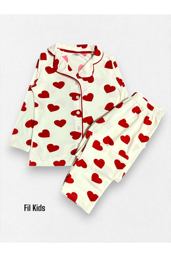 Fil Kids Kız Çocuk %100 Pamuklu Beyaz Kalp Desenli Gömlek Yaka Düğmeli Uzun Kollu Mevsimlik Pijama Takımı