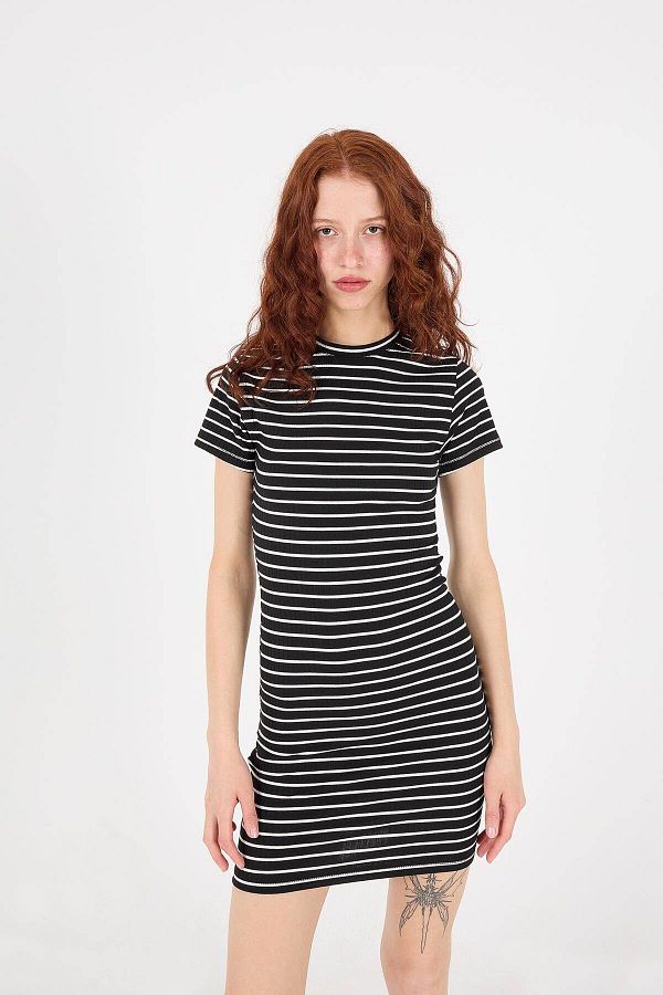 Addax-Striped Short Sleeve Crew Neck Mini Dress - E15790-W2 1