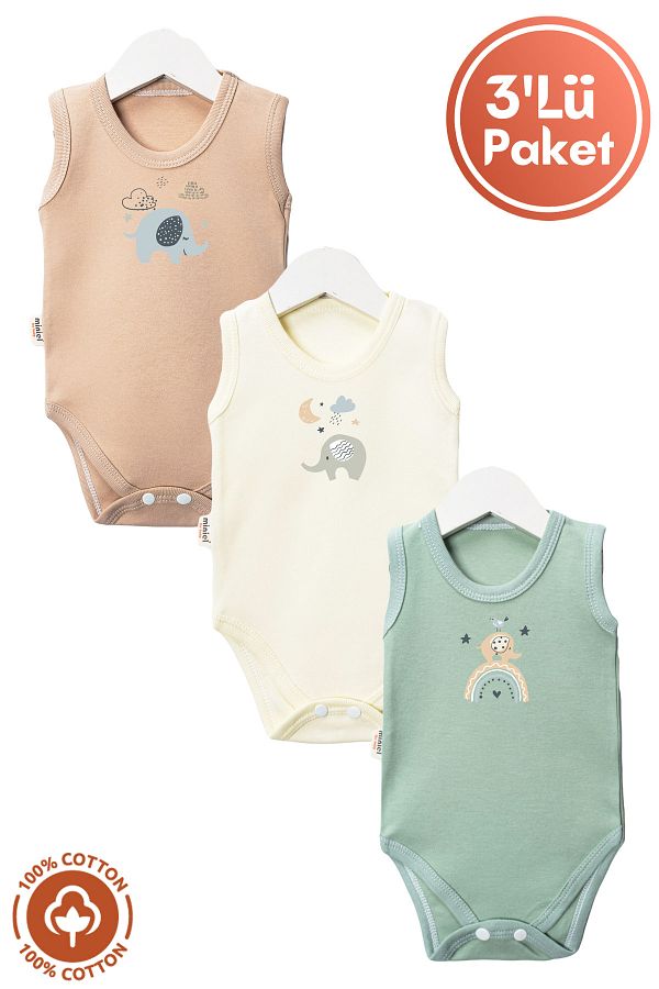 miniel organic-Unisex 100% Organic Cotton Elephant Printed 3-6-9-12 Months 3-Piece Sleeveless Baby Bodysuit 1