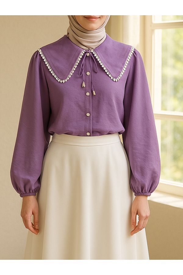 Modamorfo-Lilac Romen Baby Collar Lace Sleeve Elastic Shirt 1