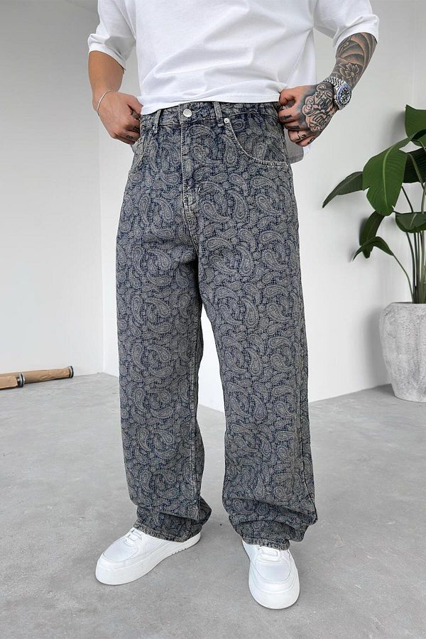 HAFKAGİYİM-Navy Blue Ethnic Patterned Premium Baggy Trousers 1