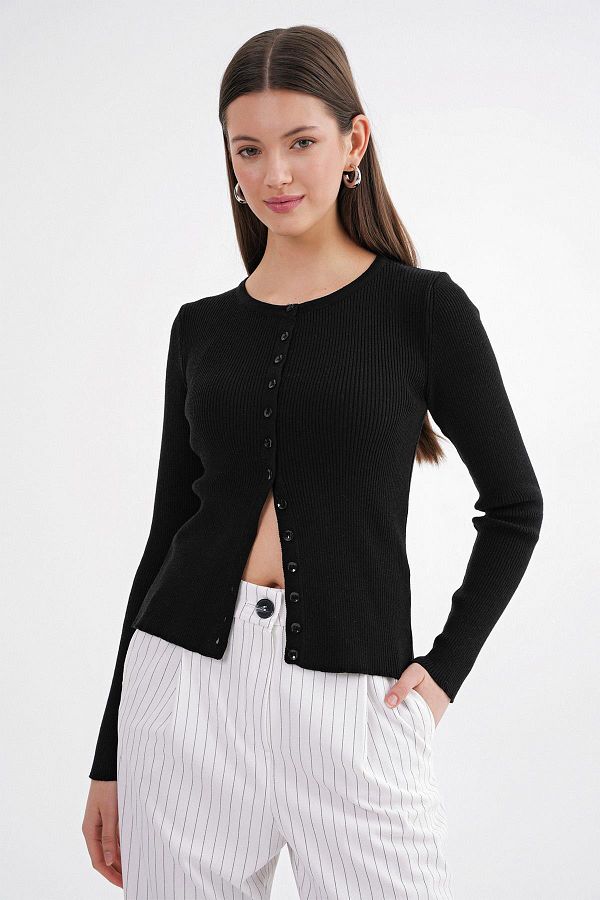 Mixray-6931 سترة صوفية نسائية مضلعة بأزرار باللون الأسود 1