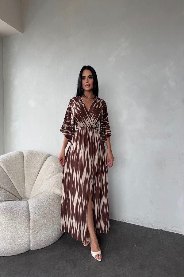 LİLA İSTANBUL-Double-breasted collar viscose fabric ethnic patterned slit detailed summer dress 1