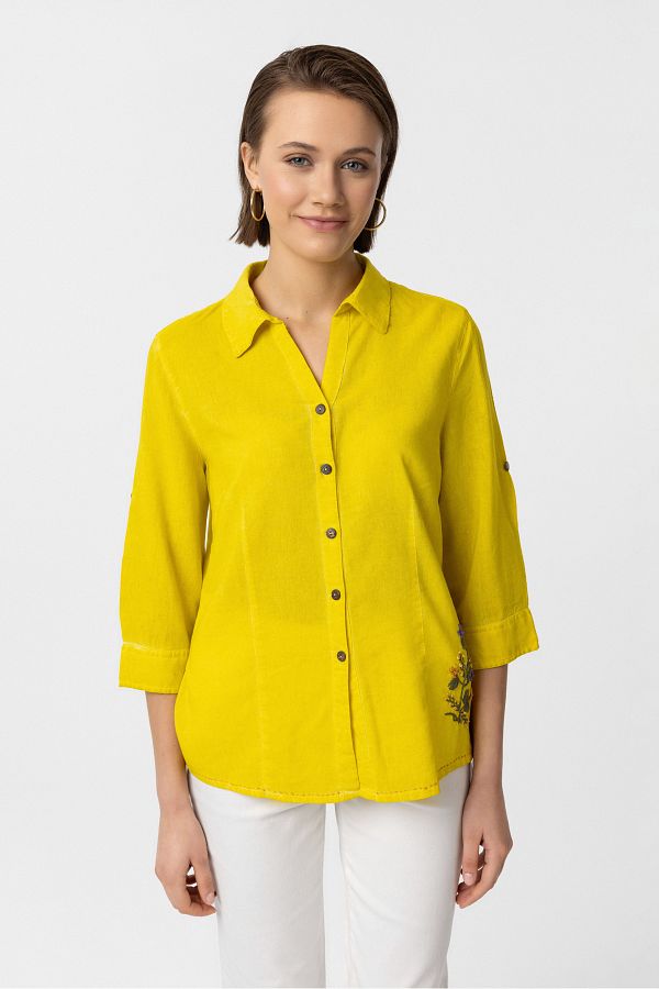 Deriderim-Yellow Embroidered Buttoned Three Quarter Sleeve Cotton Shirt 1