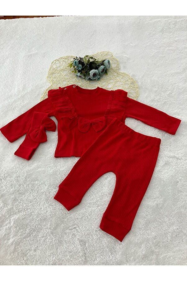 Genel Markalar %100 Pamuk Kırmızı Fiyonklu Fırfırlı Bandanalı Kız Takım 6-9-12-18 Ay 32213-K