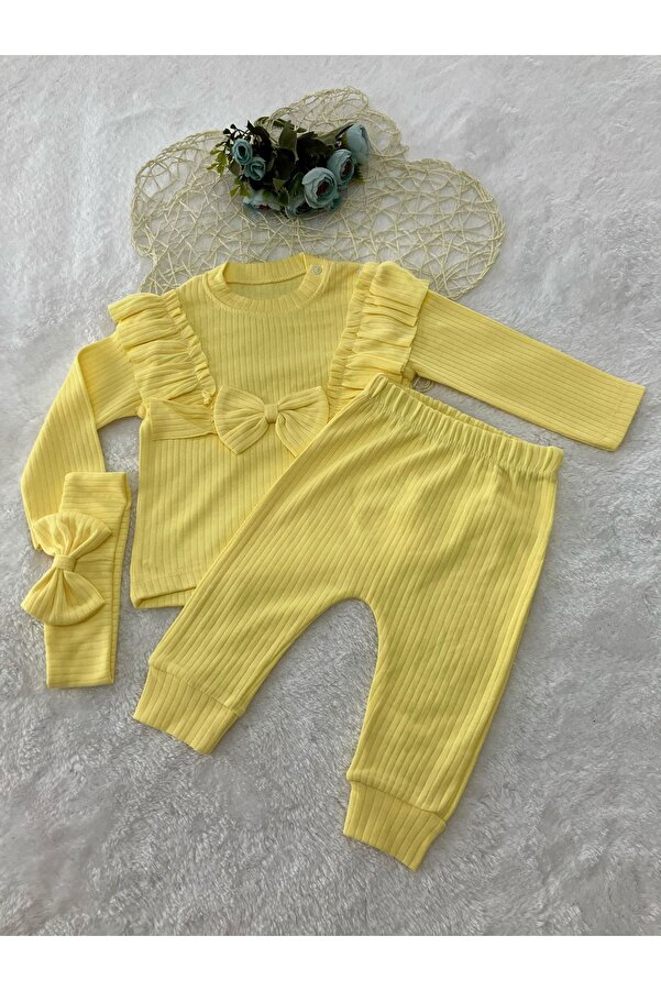Genel Markalar %100 Pamuk Sarı Fiyonklu Fırfırlı Bandanalı Kız Takım 6-9-12-18 Ay 32213-S