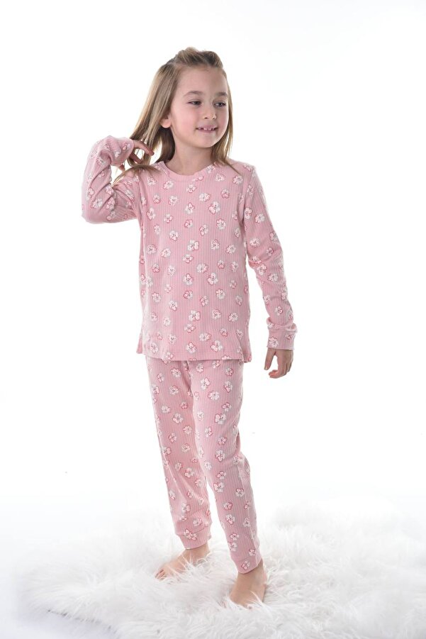 yagmurgiyim İSOB Gül Kurusu Çiçek Desen Fitilli İnterlok Kumaş %100 Pamuk Kız Çocuk Pijama Takımı 8-12 Yaş 1131
