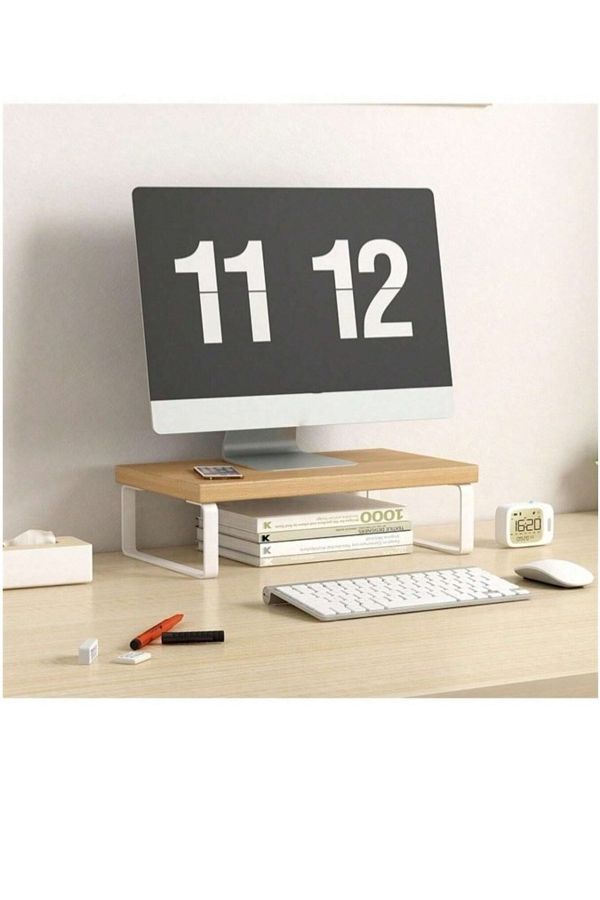 Generic-Natural Wood Color Computer Monitor Stand,Assemblable,Wooden Desk Shelf ,Metal Legs Closed 50*20cm 1