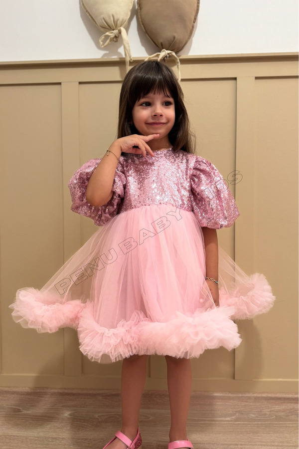 penu baby kids Pembe Payetli Balon Kol Grenli Tül Etekli Kız Çocuk Kız Bebek Abiye Elbise - Terra