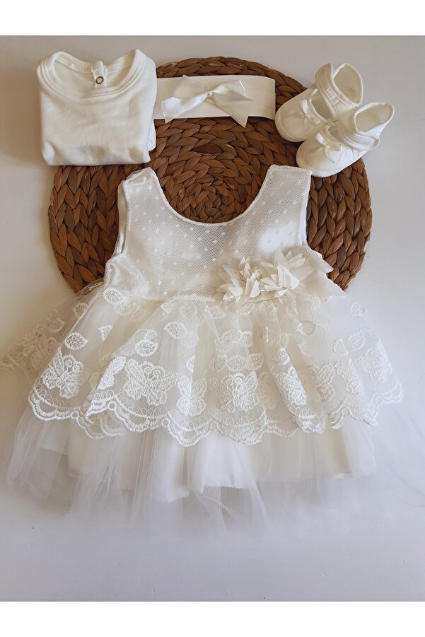 PİLEKİ BABY (5 PARÇA ) Kız Bebek Yenidoğan 0 4 Aylık Gelinlik Prenses Elbise Mevlütlük Set Mevlüt Elbisesi