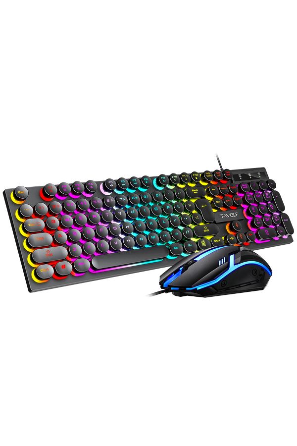 T-WOLF-104-Key RGB Punk Backlit Keyboard & Mouse Combo, Mechanical Feel Gaming Keyboards with Retro Keycaps 1