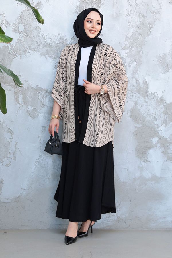 Neva Style-Patterned Mink Hijab Kimono Set with Double Skirt 12891V 1