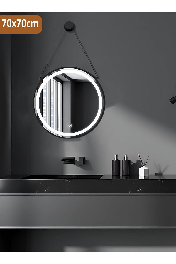Taimi-Round Mirror Black 70cm With Strap 3 Lighting Modes And Smart Touch Button - Wired 1