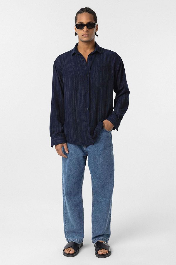 VAMOSCLO-Navy Blue Oversize Linen - Long Sleeve Shirt 1