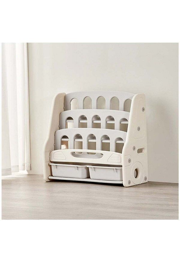 COOYA-2-in-1 children's bookshelf,trapezoidal structure design,4 layers,with 2 toy storage boxes,beige 1