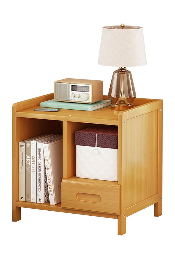 sharpdo-Bamboo Bedside Table with 1 Drawer and 2 Open Shelves, Coffee Table with Storage Function 1