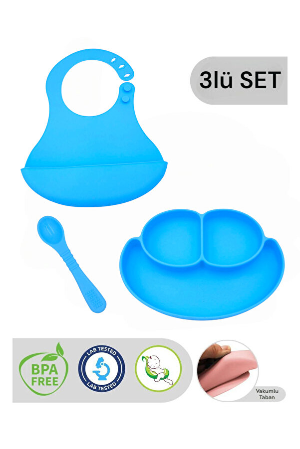 CKM silikon Mavi silikon 3lü bebek beslenme seti- vakumlu tabak önlük ve kaşık set