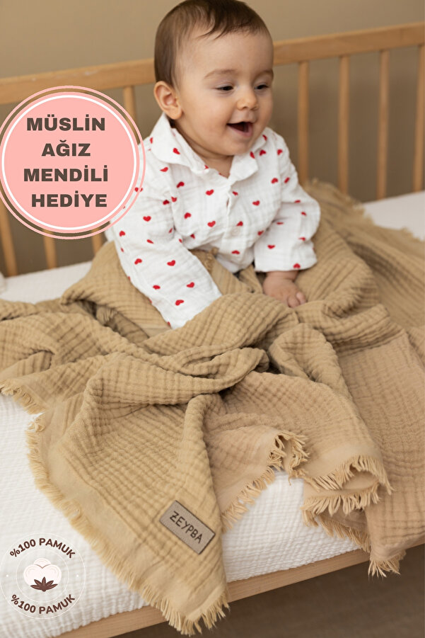 ZEYPBA % 100 Pamuk 4 Katlı Müslin Latte 110x110 cm (Bebek & Çocuk İçin)