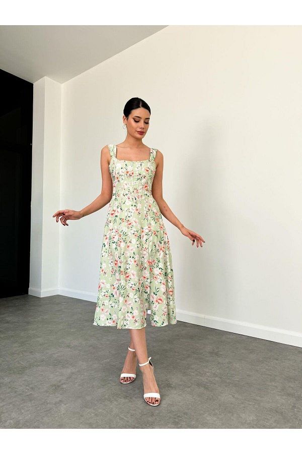 MİSSCİXFASHİON-Thick Strap Floral Midi Women's Evening Dress - Back Rope Tie Graduation Dress 1